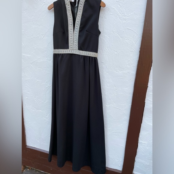 Vintage 60’s Black & Silver Cocktail Hostess Dress / Maxi Dress Empire Waist - Picture 2 of 10